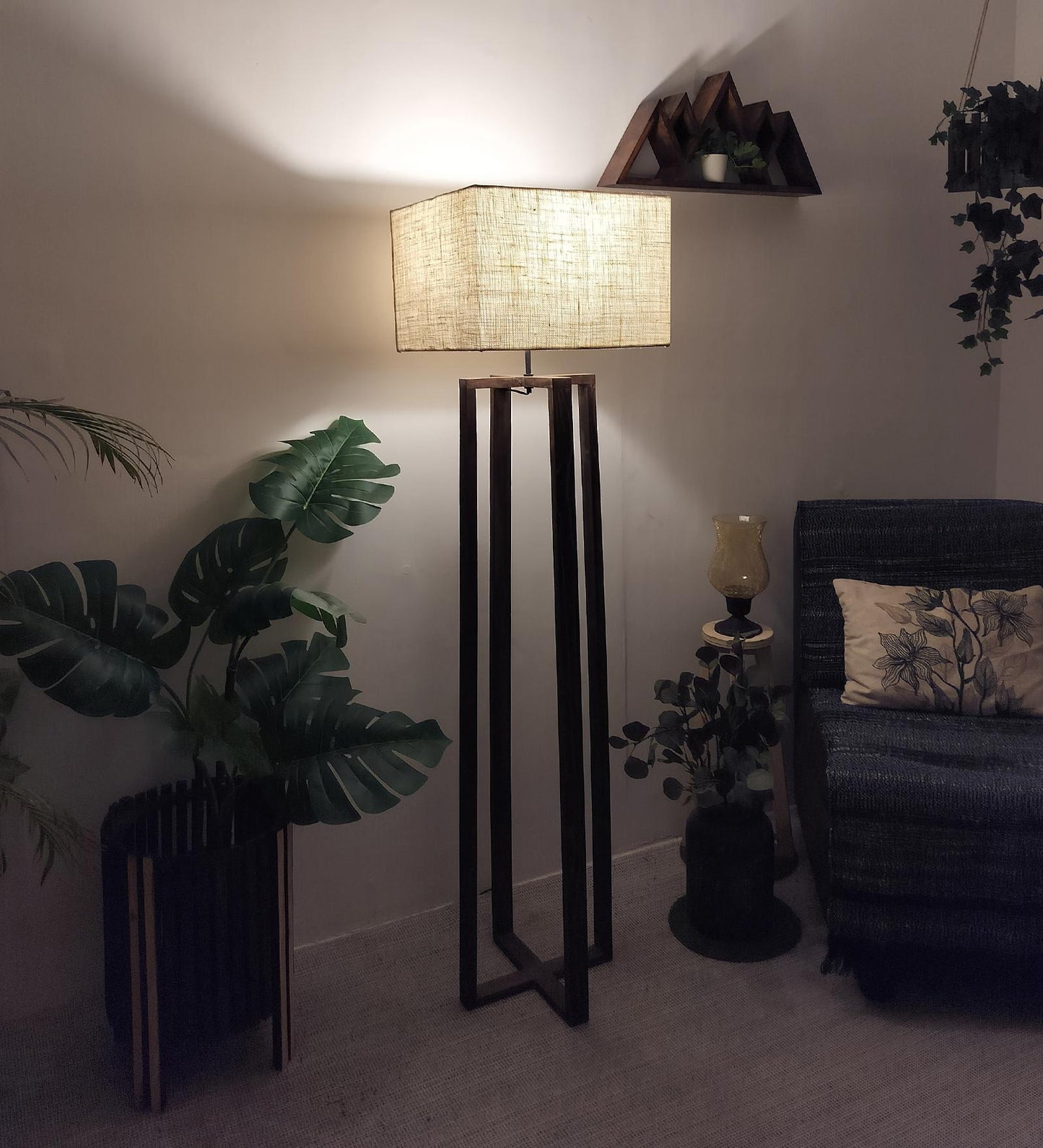 Smog Wooden Floor Lamp with Premium Beige Fabric Lampshade