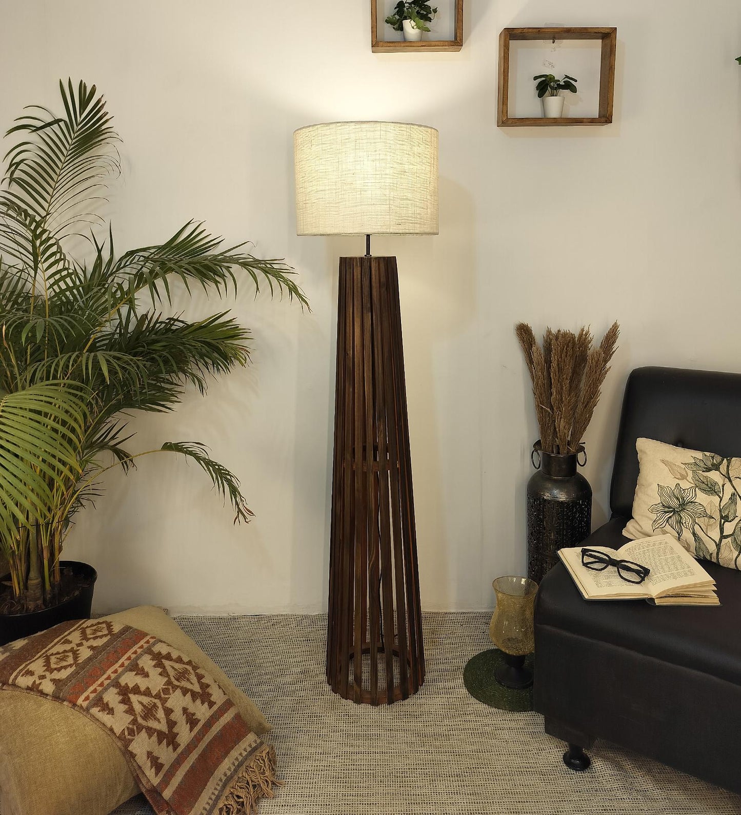 Nook Wooden Floor Lamp with Brown Base and Beige Fabric Lampshade