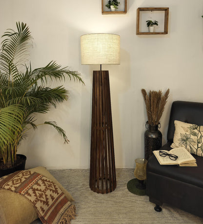 Nook Wooden Floor Lamp with Brown Base and Beige Fabric Lampshade