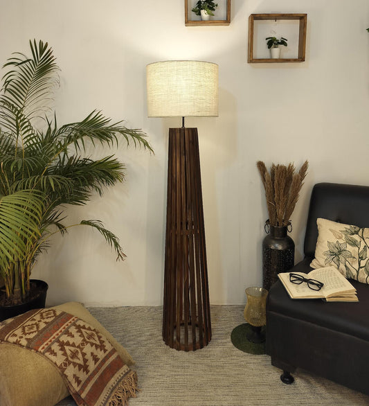 Nook Wooden Floor Lamp with Brown Base and Beige Fabric Lampshade