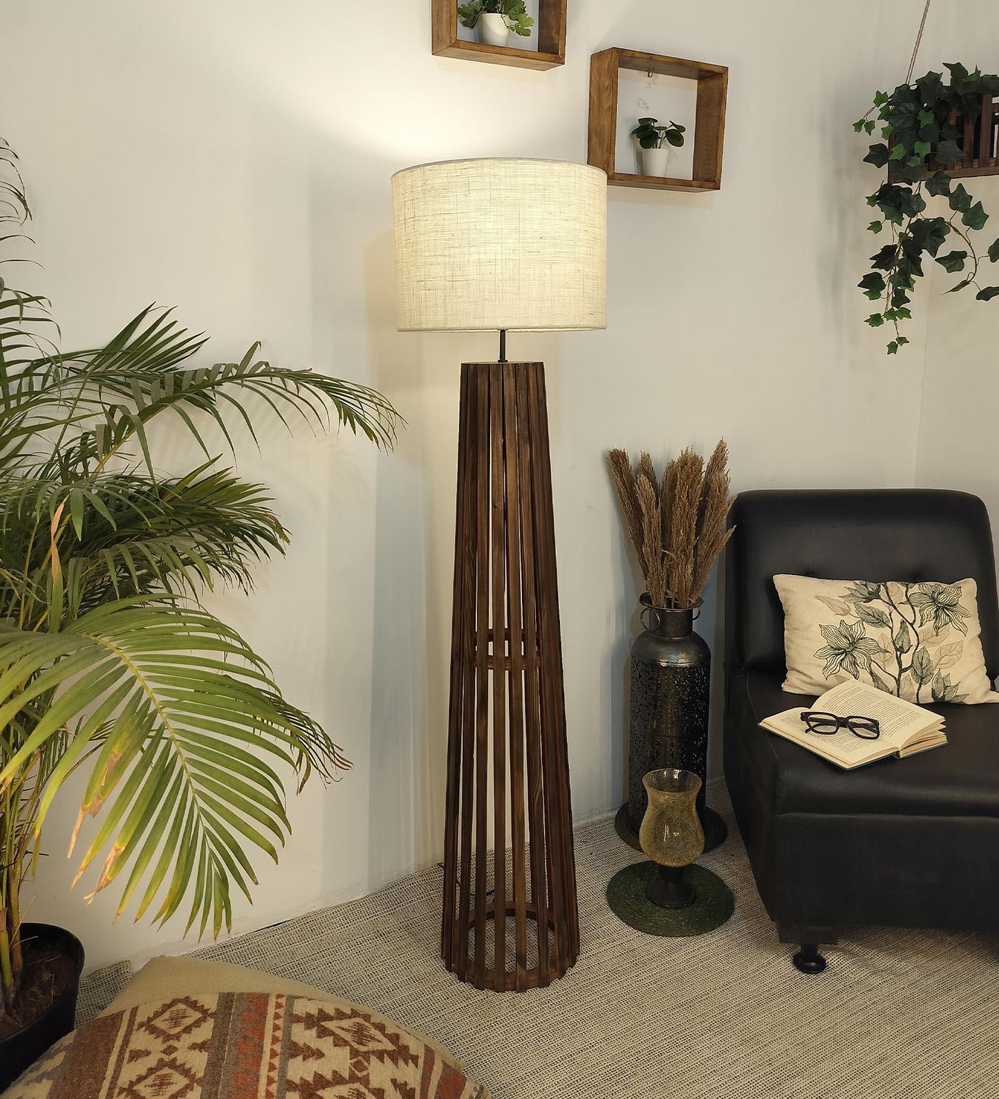 Nook Wooden Floor Lamp with Brown Base and Beige Fabric Lampshade