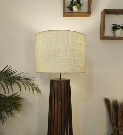 Nook Wooden Floor Lamp with Brown Base and Beige Fabric Lampshade