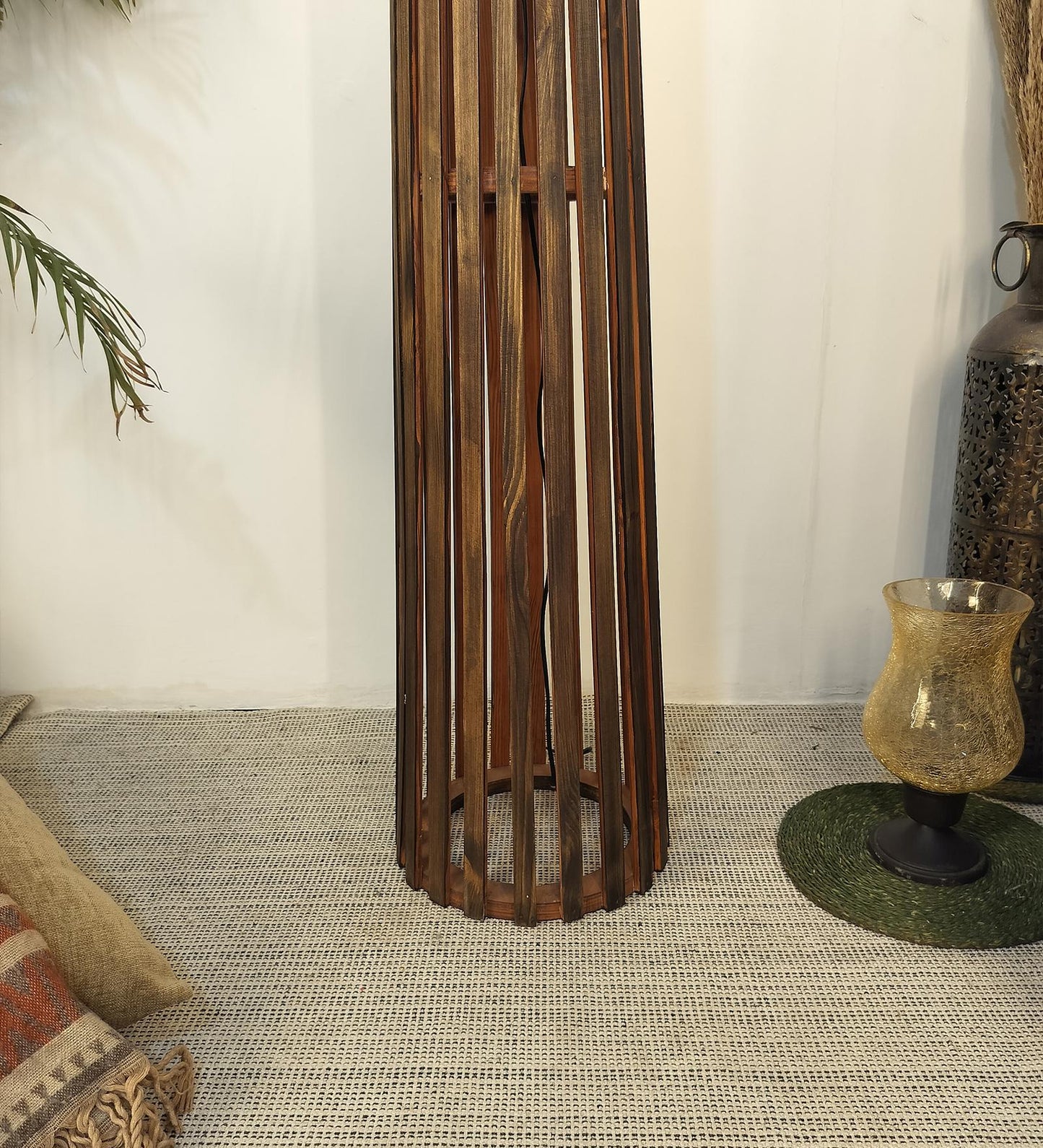 Nook Wooden Floor Lamp with Brown Base and Beige Fabric Lampshade
