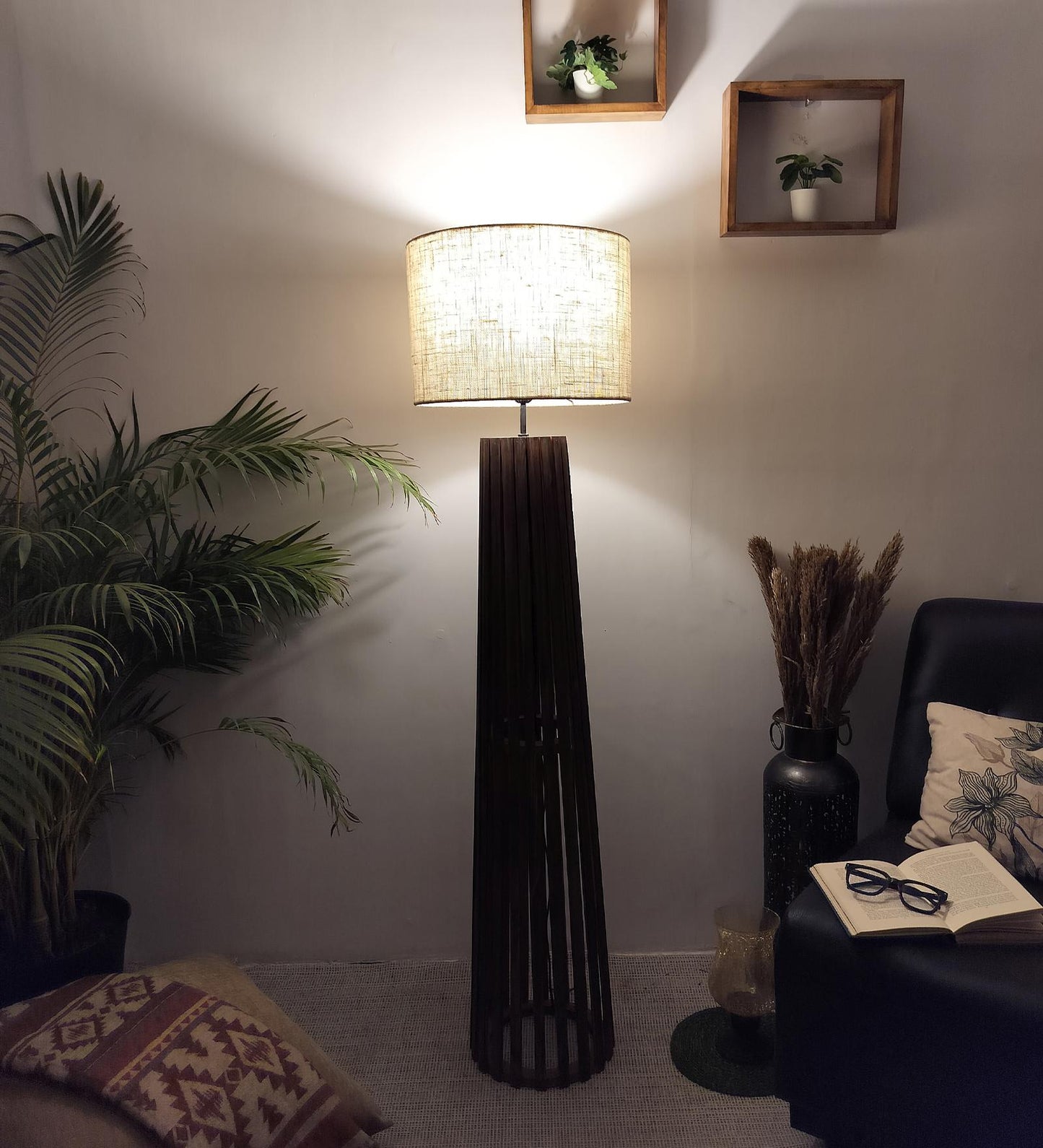 Nook Wooden Floor Lamp with Brown Base and Beige Fabric Lampshade