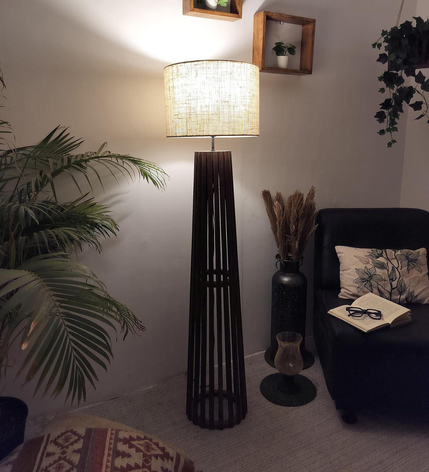 Nook Wooden Floor Lamp with Brown Base and Beige Fabric Lampshade