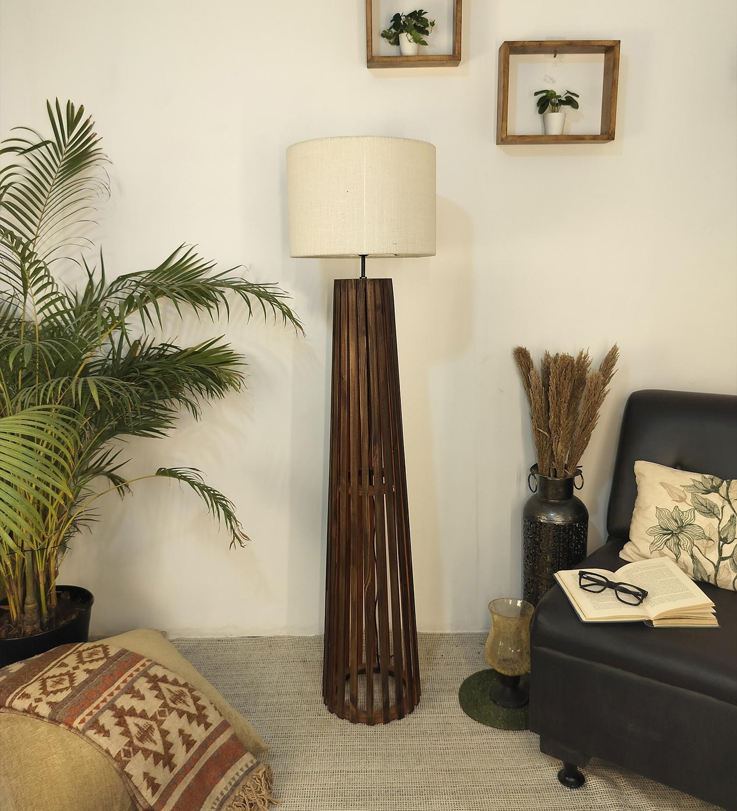 Nook Wooden Floor Lamp with Brown Base and Beige Fabric Lampshade