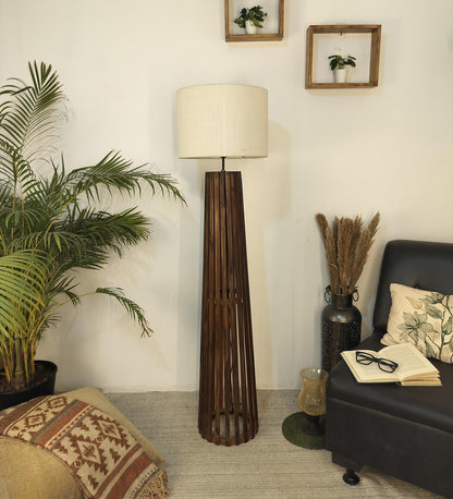 Nook Wooden Floor Lamp with Brown Base and Beige Fabric Lampshade