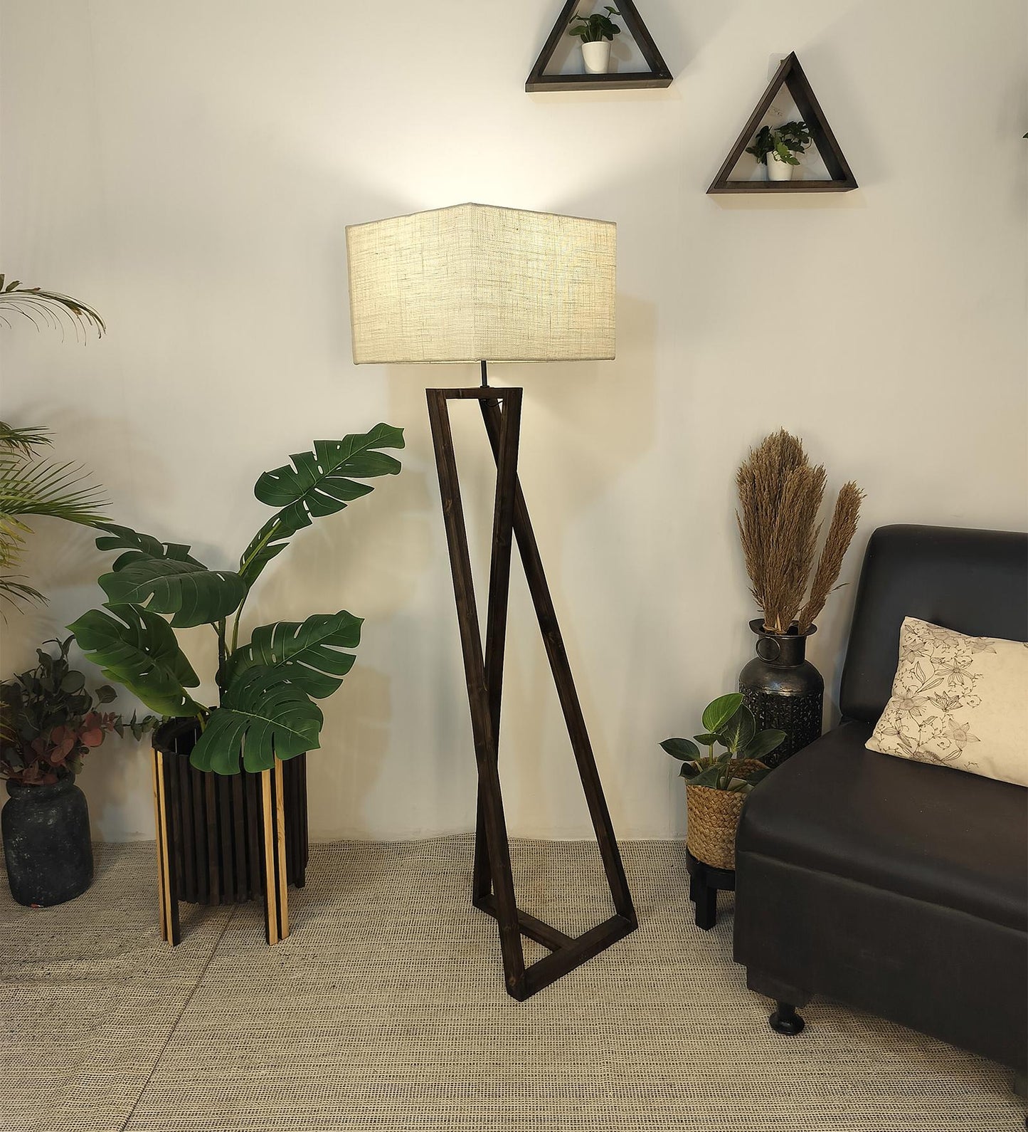 Spring Wooden Floor Lamp with with Brown Base Premium Beige Fabric Lampshade
