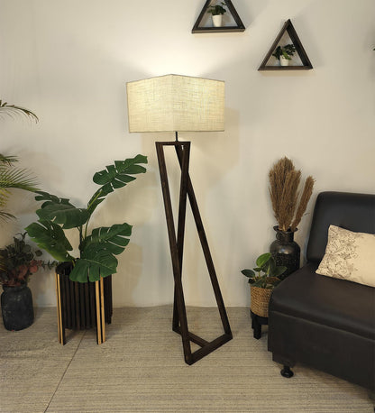 Spring Wooden Floor Lamp with with Brown Base Premium Beige Fabric Lampshade