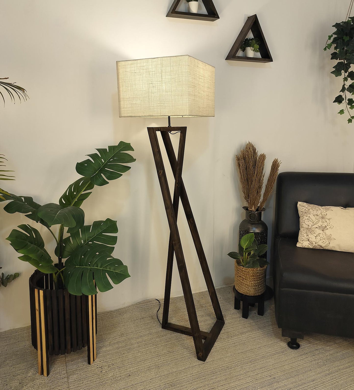 Spring Wooden Floor Lamp with with Brown Base Premium Beige Fabric Lampshade