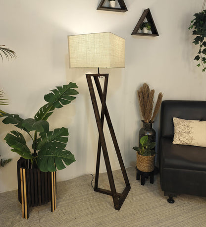 Spring Wooden Floor Lamp with with Brown Base Premium Beige Fabric Lampshade
