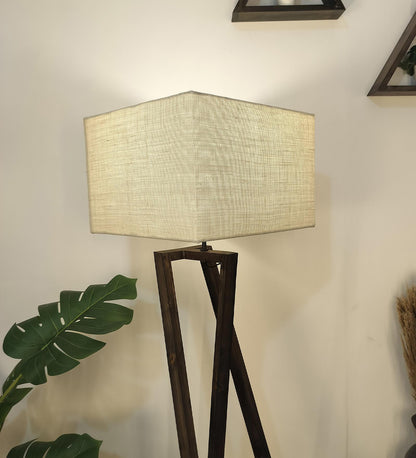 Spring Wooden Floor Lamp with with Brown Base Premium Beige Fabric Lampshade