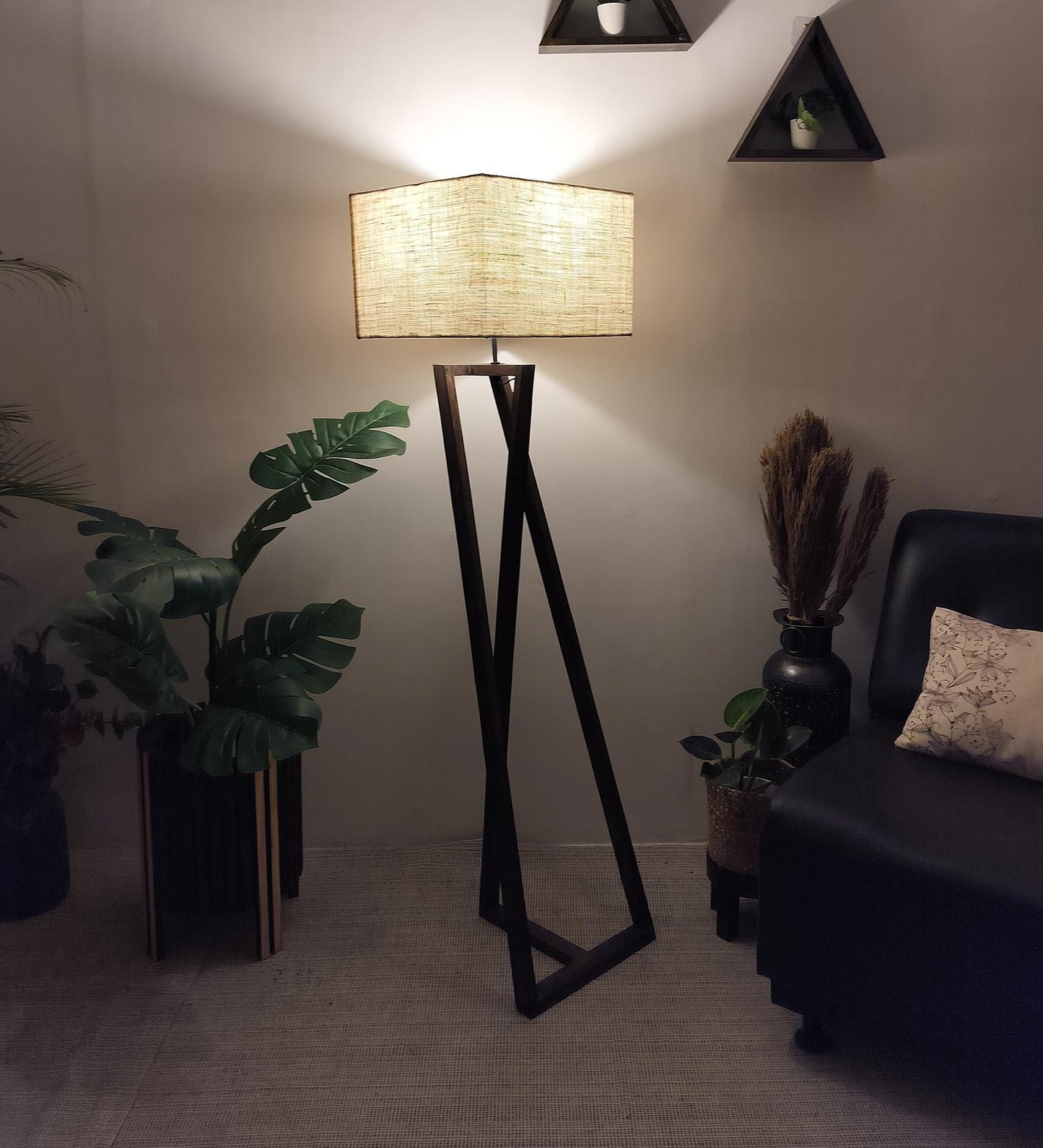 Spring Wooden Floor Lamp with with Brown Base Premium Beige Fabric Lampshade