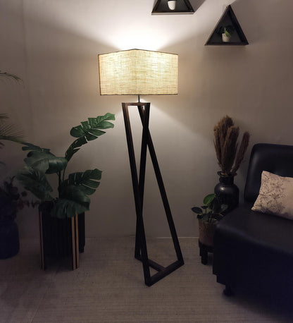 Spring Wooden Floor Lamp with with Brown Base Premium Beige Fabric Lampshade