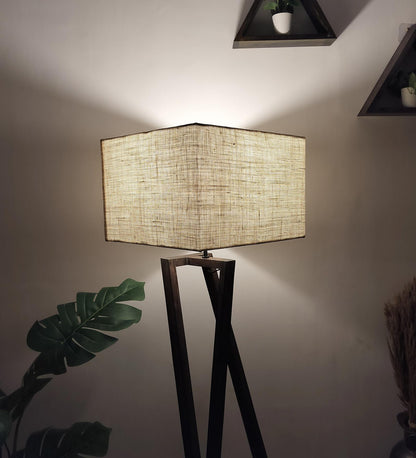 Spring Wooden Floor Lamp with with Brown Base Premium Beige Fabric Lampshade