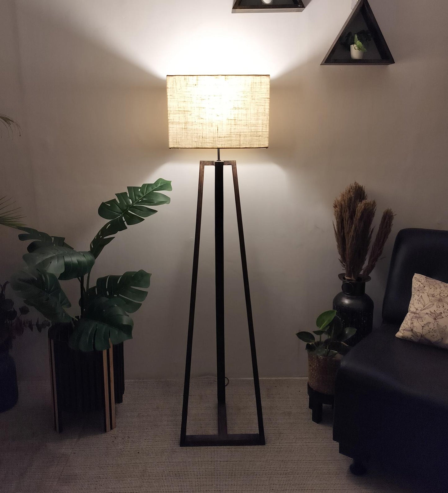 Spring Wooden Floor Lamp with with Brown Base Premium Beige Fabric Lampshade