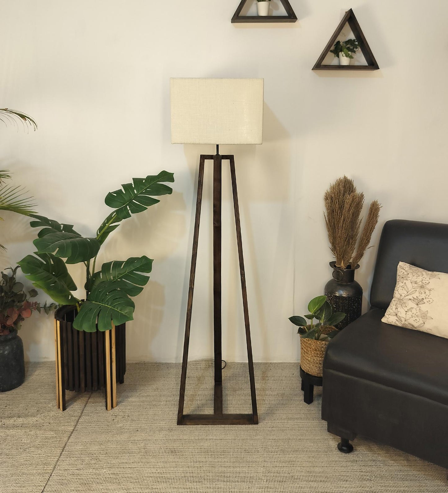Spring Wooden Floor Lamp with with Brown Base Premium Beige Fabric Lampshade