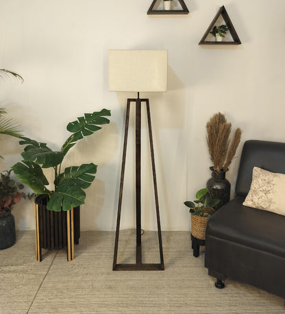 Spring Wooden Floor Lamp with with Brown Base Premium Beige Fabric Lampshade