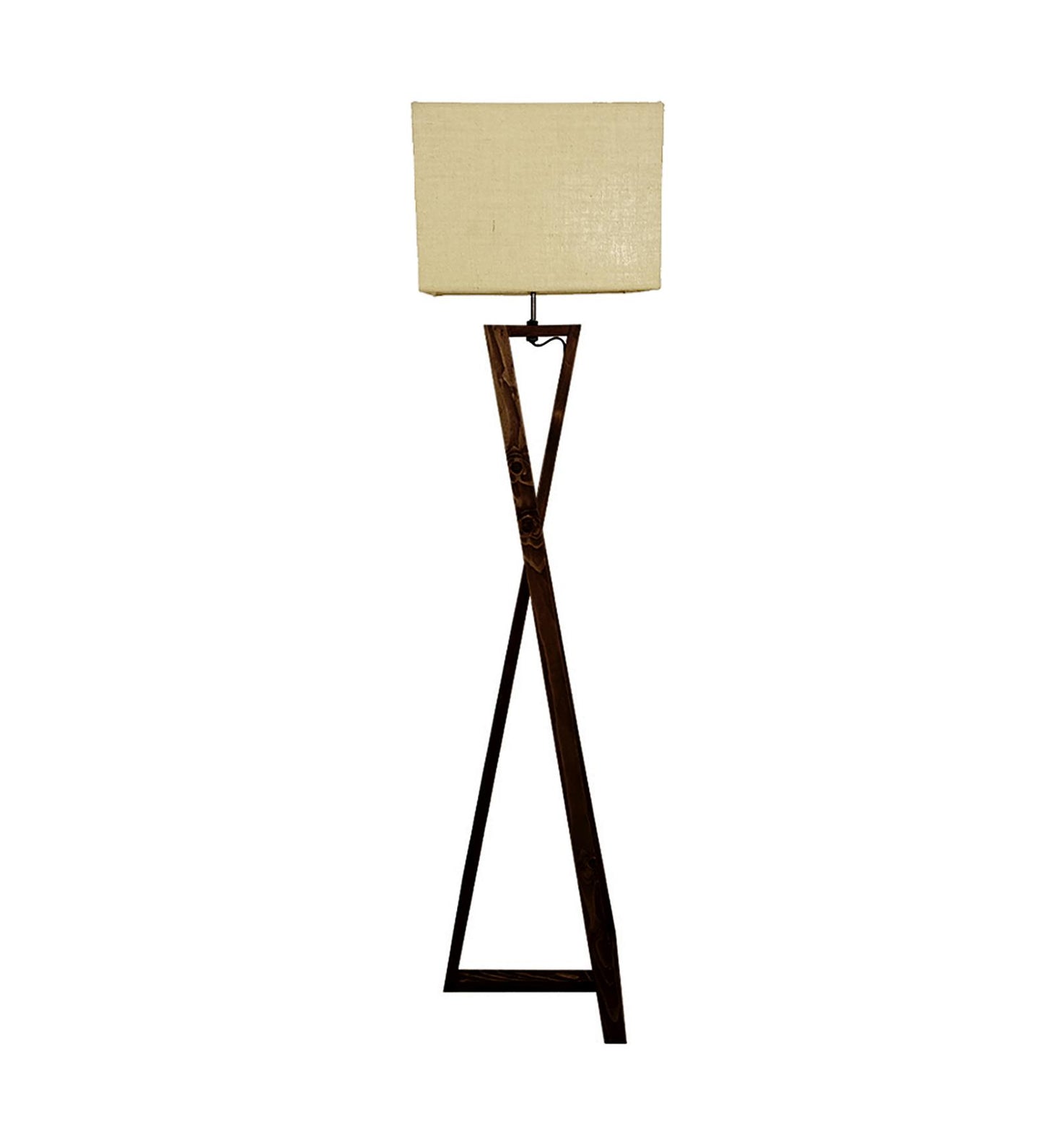 Spring Wooden Floor Lamp with with Brown Base Premium Beige Fabric Lampshade