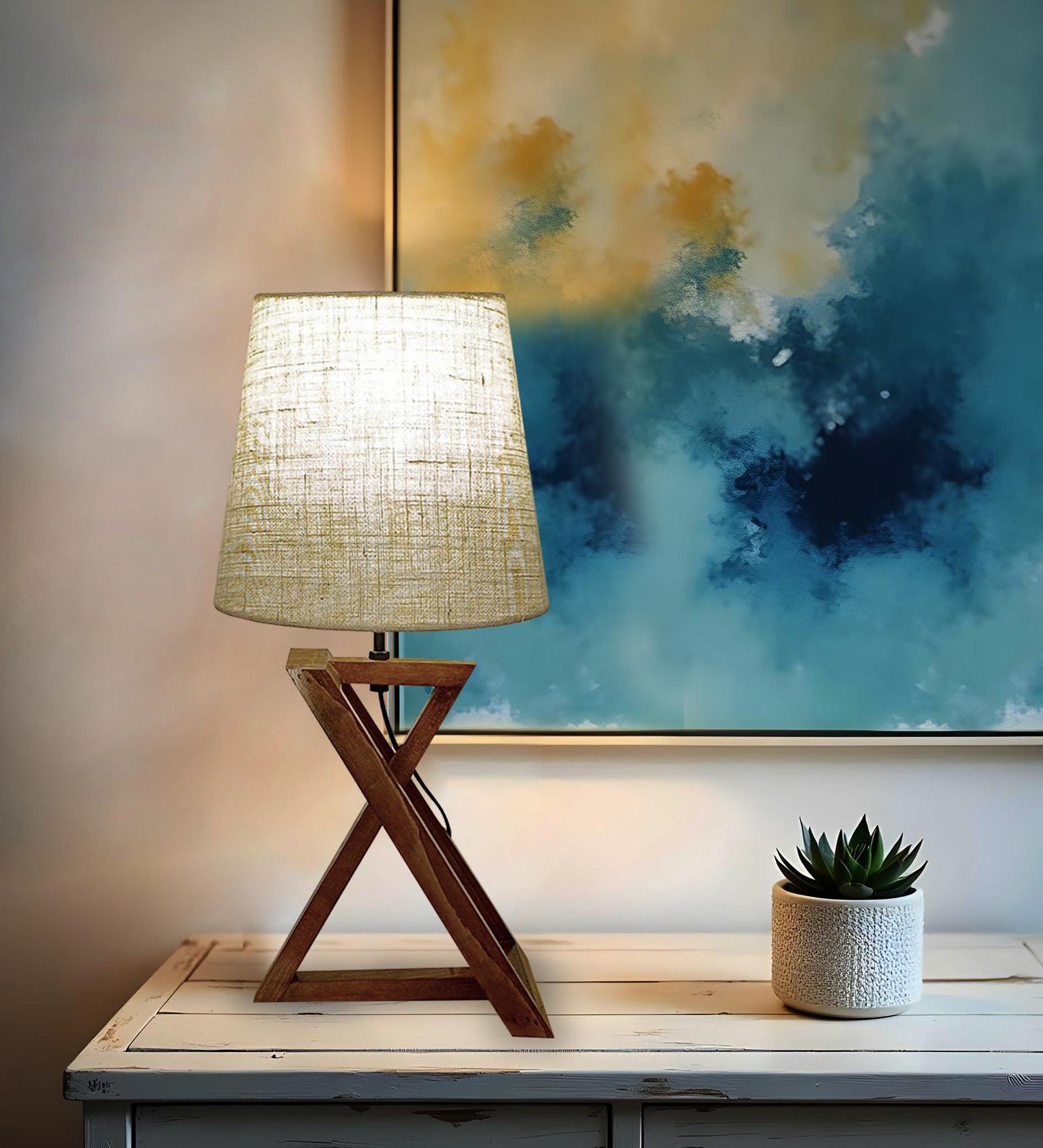 Spring Brown Wooden Table Lamp with Jute Lampshade
