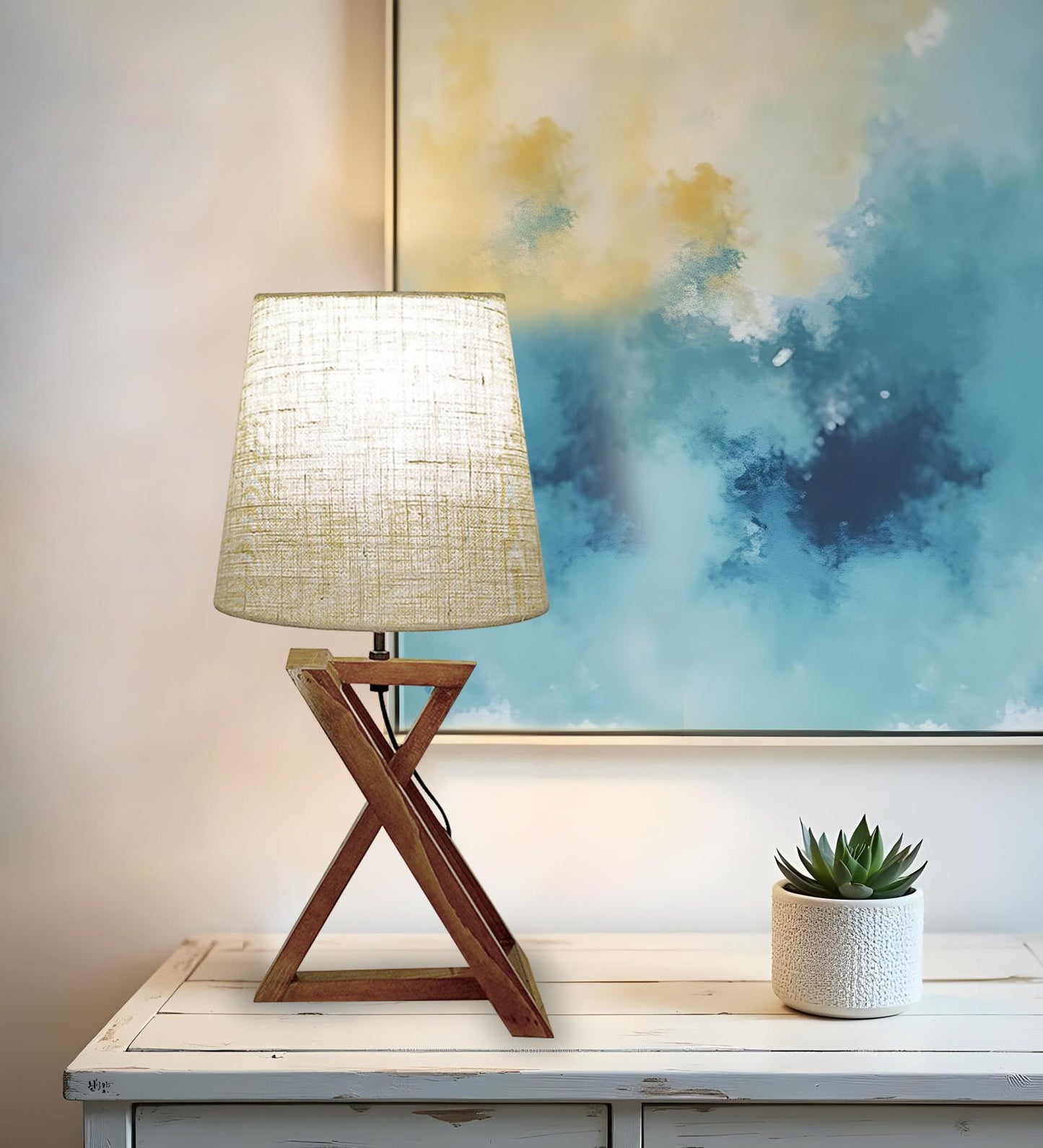 Spring Brown Wooden Table Lamp with Jute Lampshade
