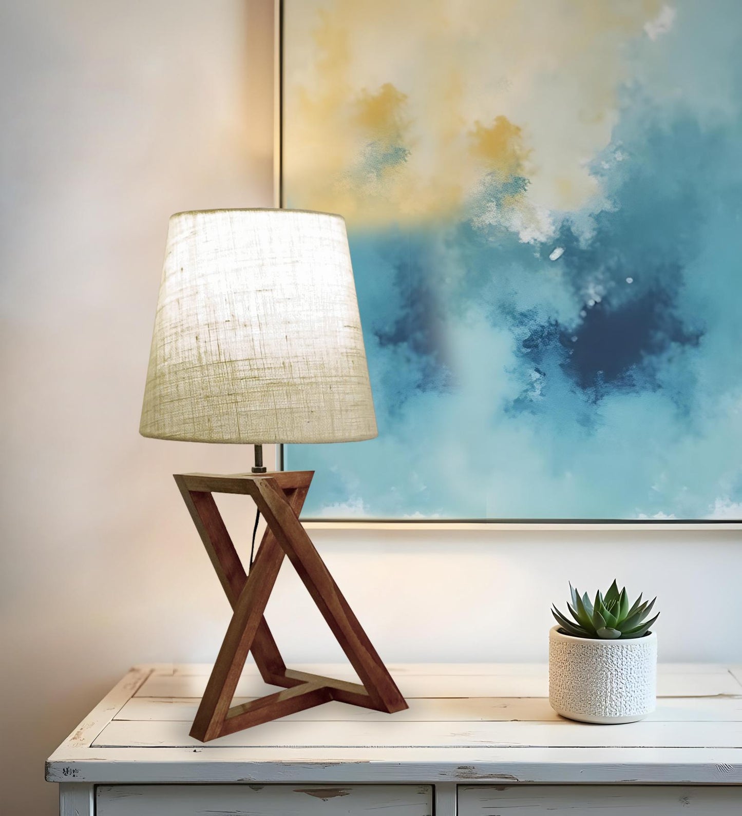 Spring Brown Wooden Table Lamp with Jute Lampshade