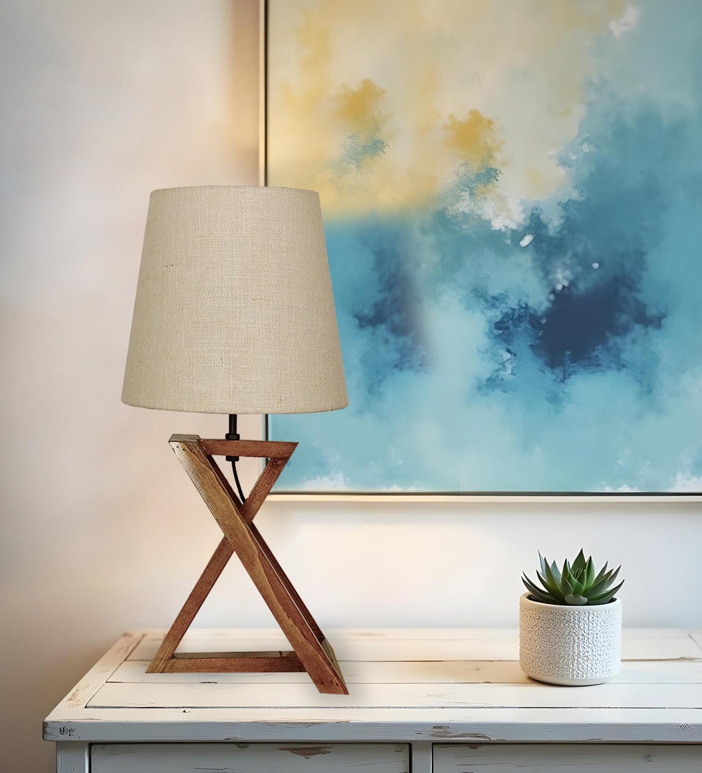 Spring Brown Wooden Table Lamp with Jute Lampshade