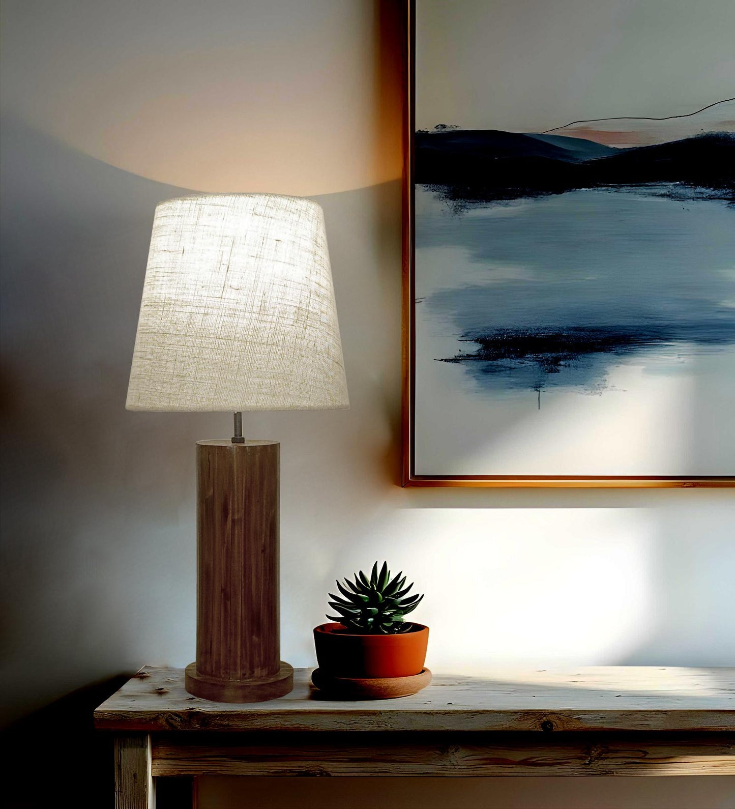 Smog Brown Wooden Table Lamp with White Fabric Lampshade