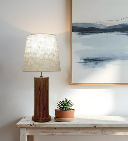 Smog Brown Wooden Table Lamp with White Fabric Lampshade