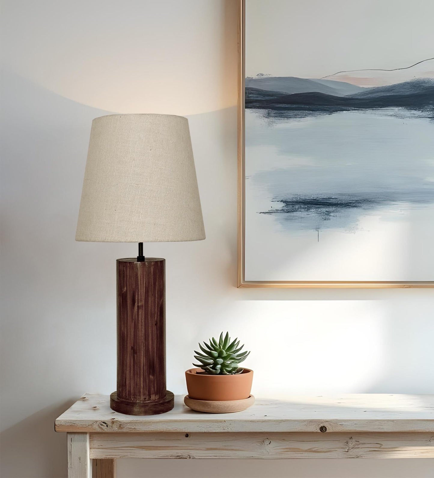 Smog Brown Wooden Table Lamp with White Fabric Lampshade