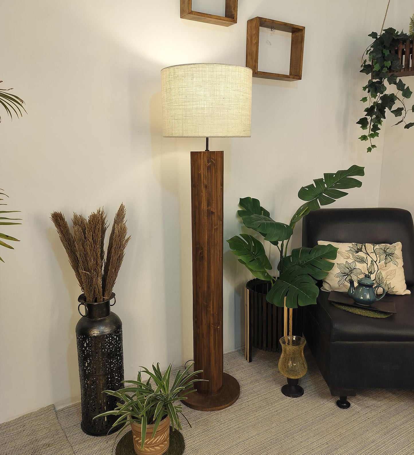 Talk Wooden Floor Lamp with Premium Beige Fabric Lampshade