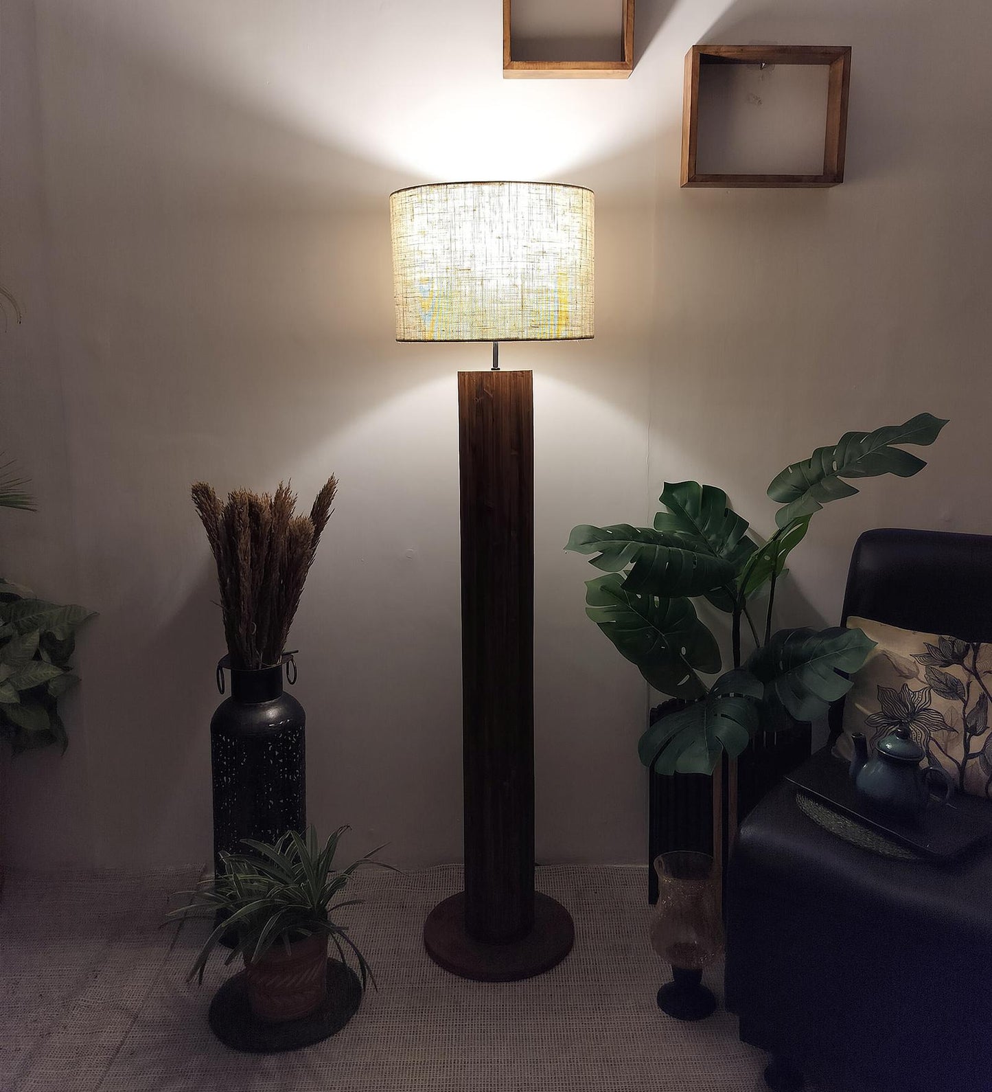Talk Wooden Floor Lamp with Premium Beige Fabric Lampshade