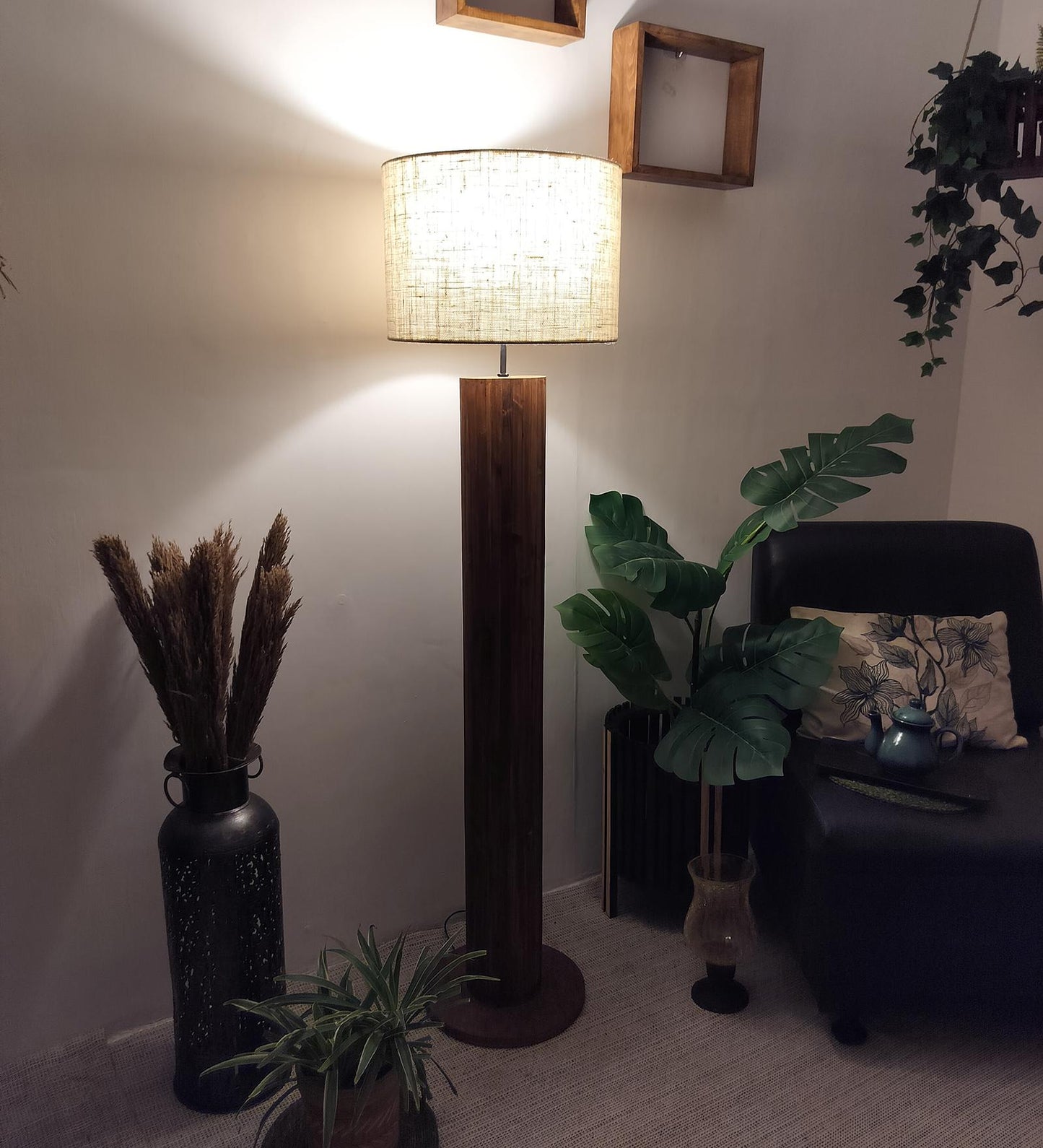 Talk Wooden Floor Lamp with Premium Beige Fabric Lampshade