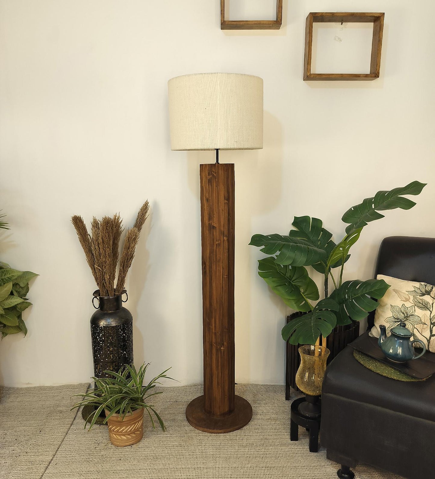 Talk Wooden Floor Lamp with Premium Beige Fabric Lampshade