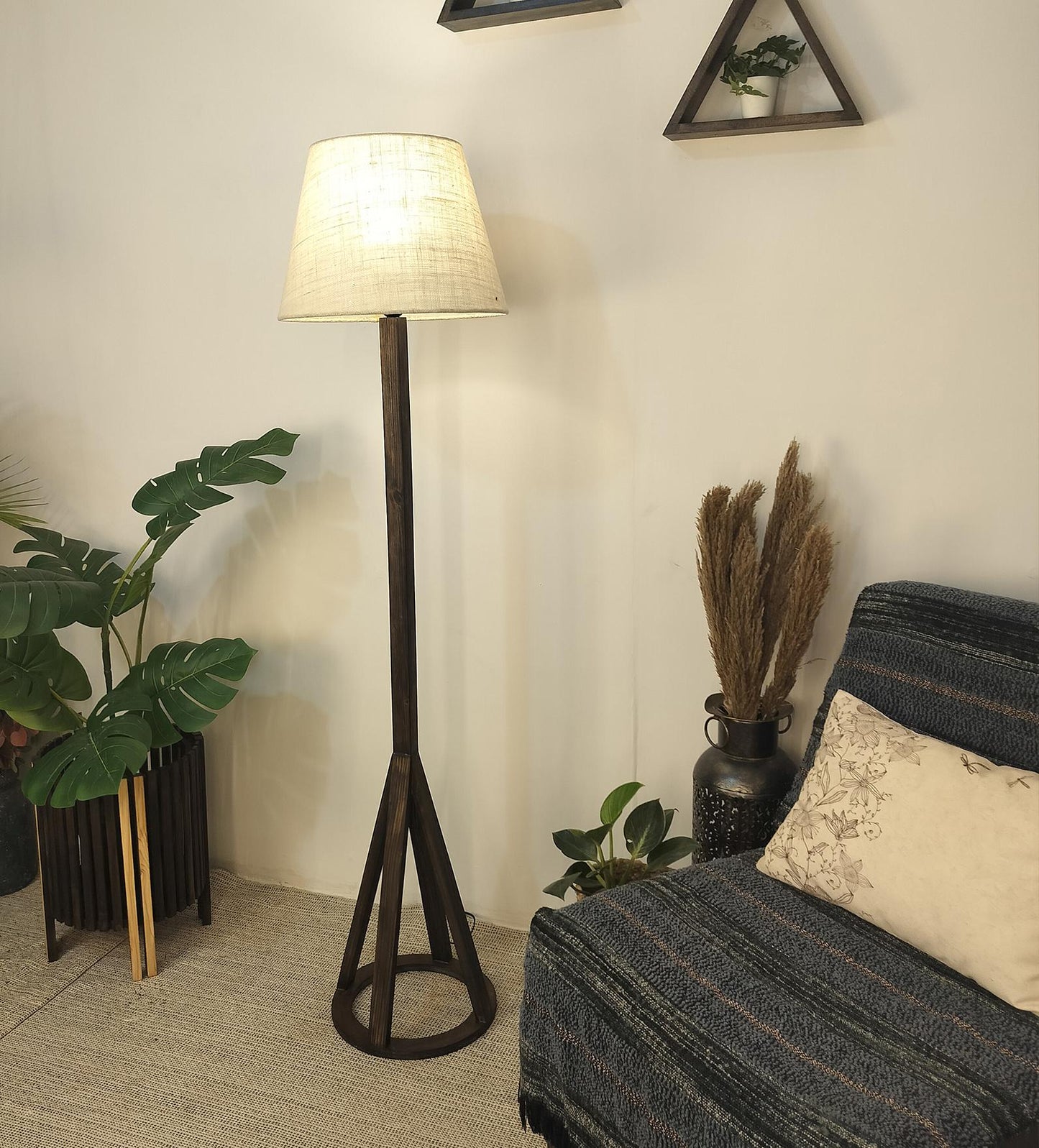 Eden Wooden Floor Lamp with Brown Base and Premium Beige Fabric Lampshade