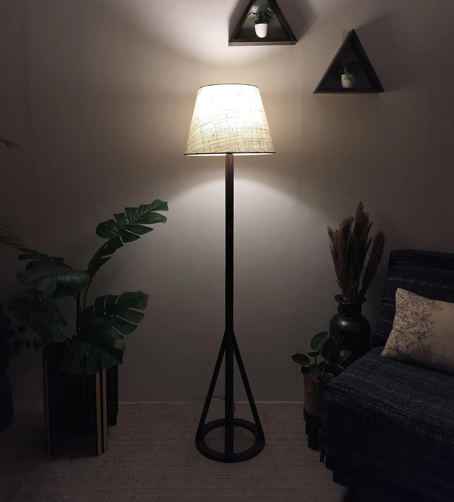 Eden Wooden Floor Lamp with Brown Base and Premium Beige Fabric Lampshade