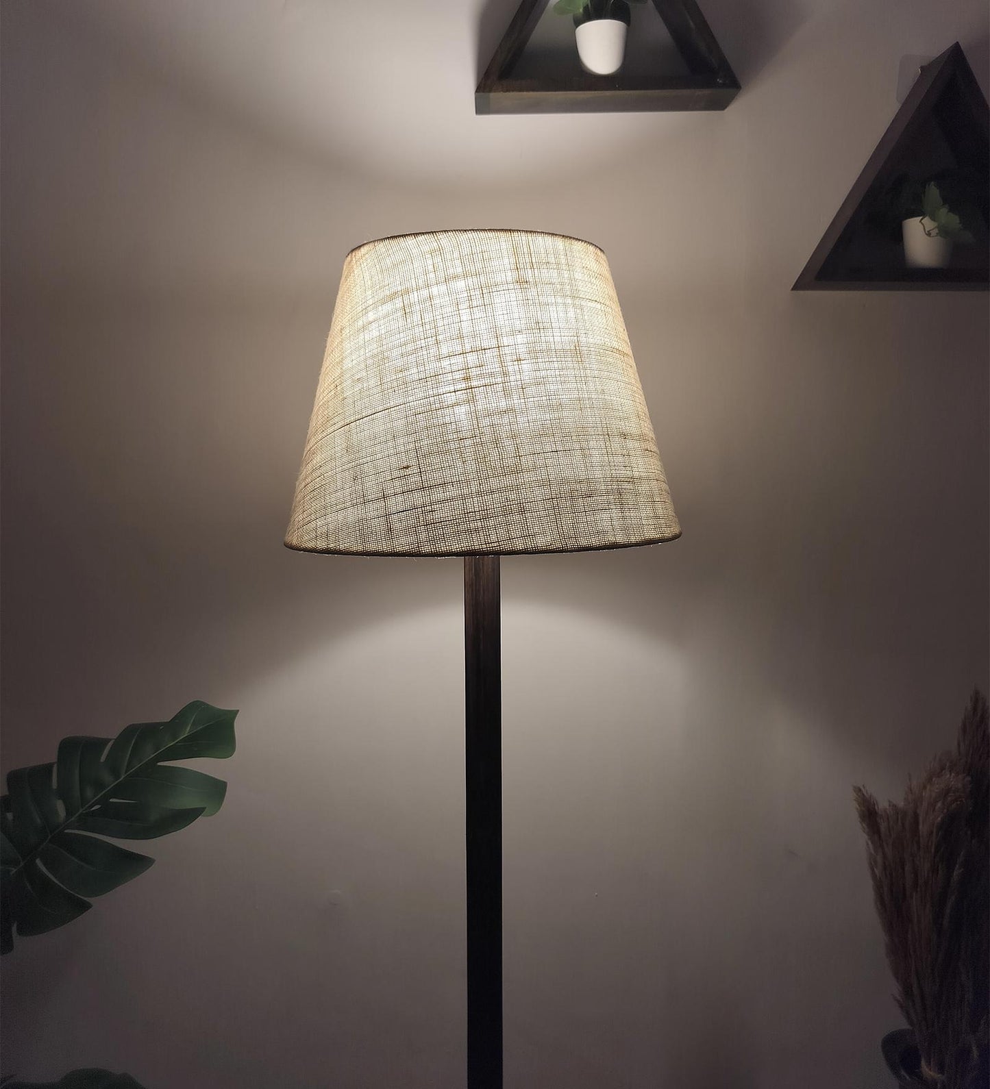 Eden Wooden Floor Lamp with Brown Base and Premium Beige Fabric Lampshade