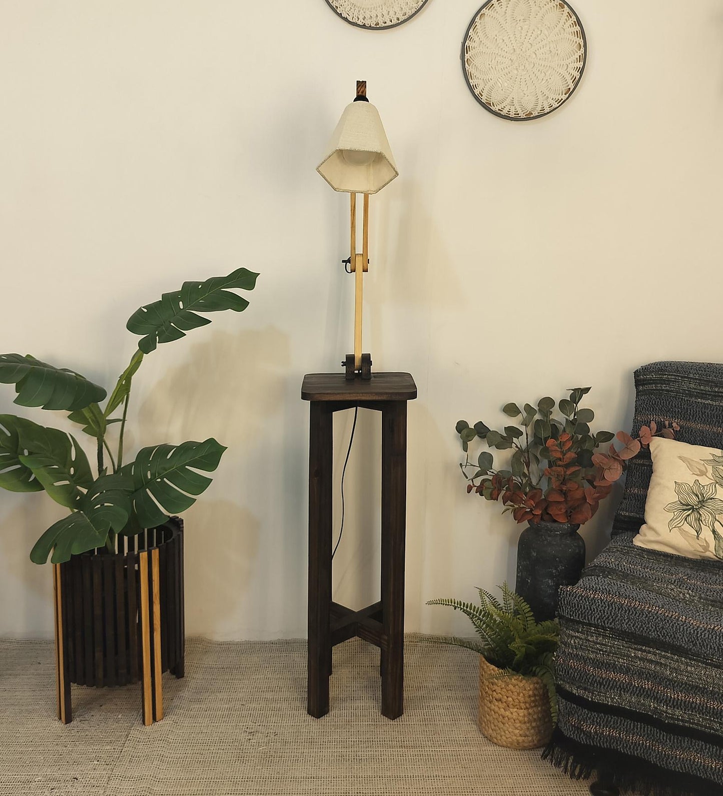 Iris Wooden Floor Lamp with Beige Fabric Lampshade