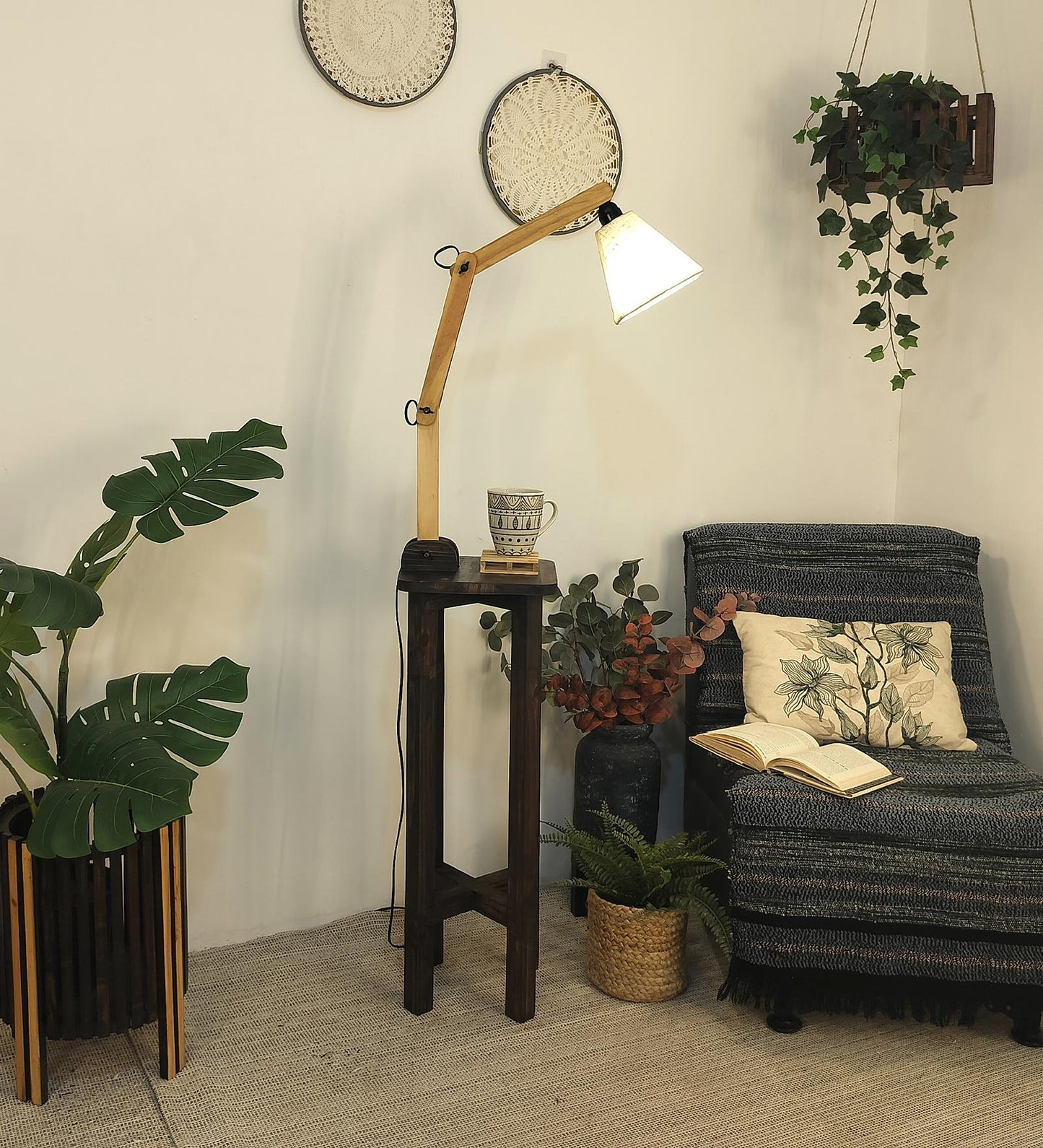 Iris Wooden Floor Lamp with Beige Fabric Lampshade