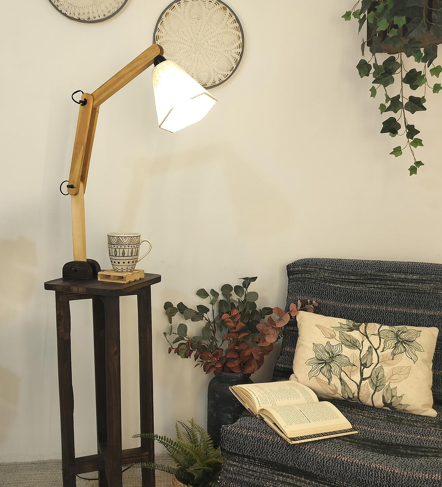 Iris Wooden Floor Lamp with Beige Fabric Lampshade