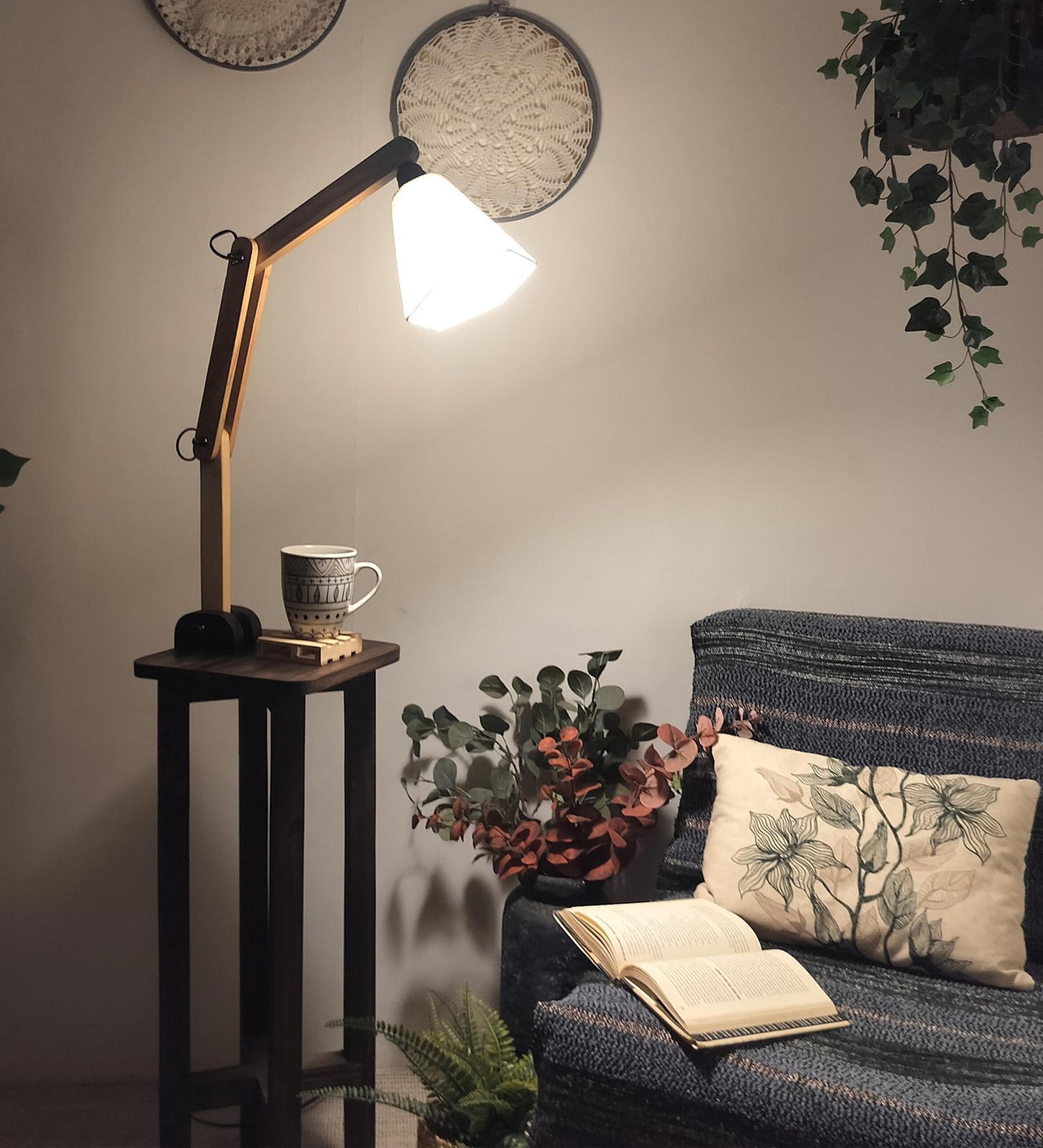 Iris Wooden Floor Lamp with Beige Fabric Lampshade