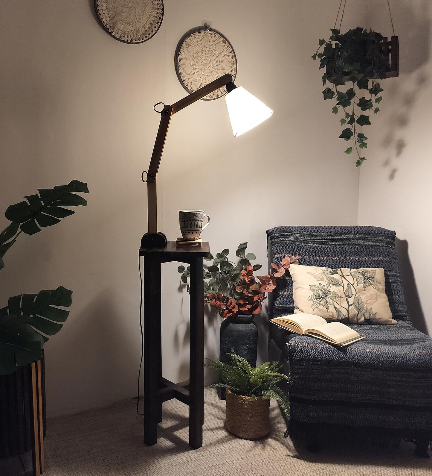 Iris Wooden Floor Lamp with Beige Fabric Lampshade