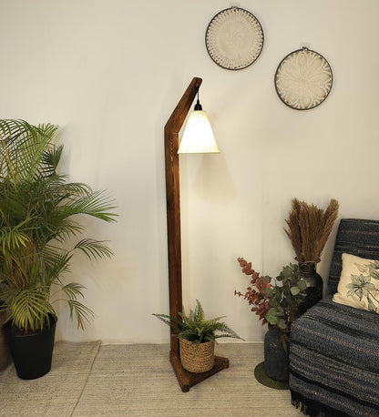 Thunder Wooden Floor Lamp with Brown Base and Jute Fabric Lampshade