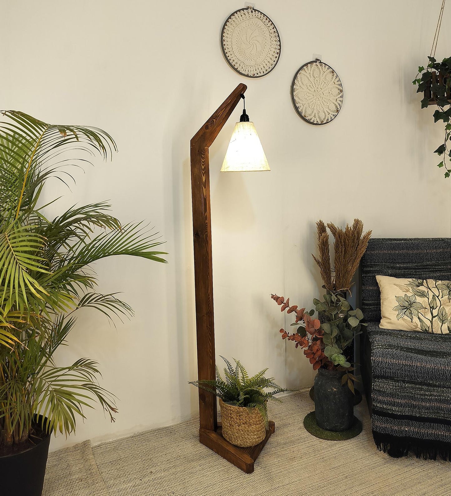 Thunder Wooden Floor Lamp with Brown Base and Jute Fabric Lampshade