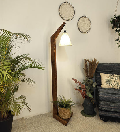 Thunder Wooden Floor Lamp with Brown Base and Jute Fabric Lampshade