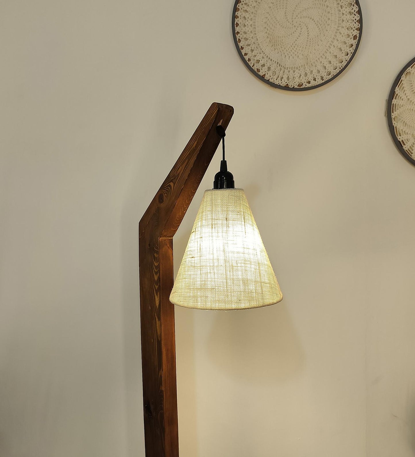 Thunder Wooden Floor Lamp with Brown Base and Jute Fabric Lampshade