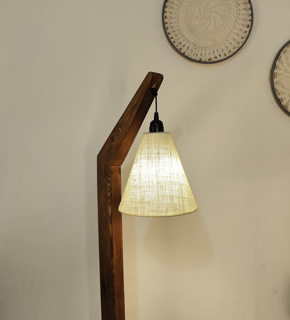 Thunder Wooden Floor Lamp with Brown Base and Jute Fabric Lampshade