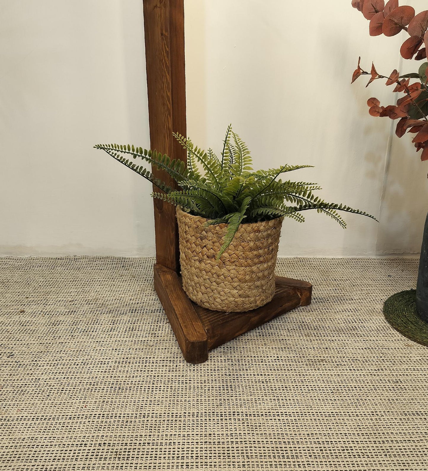 Thunder Wooden Floor Lamp with Brown Base and Jute Fabric Lampshade