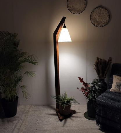 Thunder Wooden Floor Lamp with Brown Base and Jute Fabric Lampshade