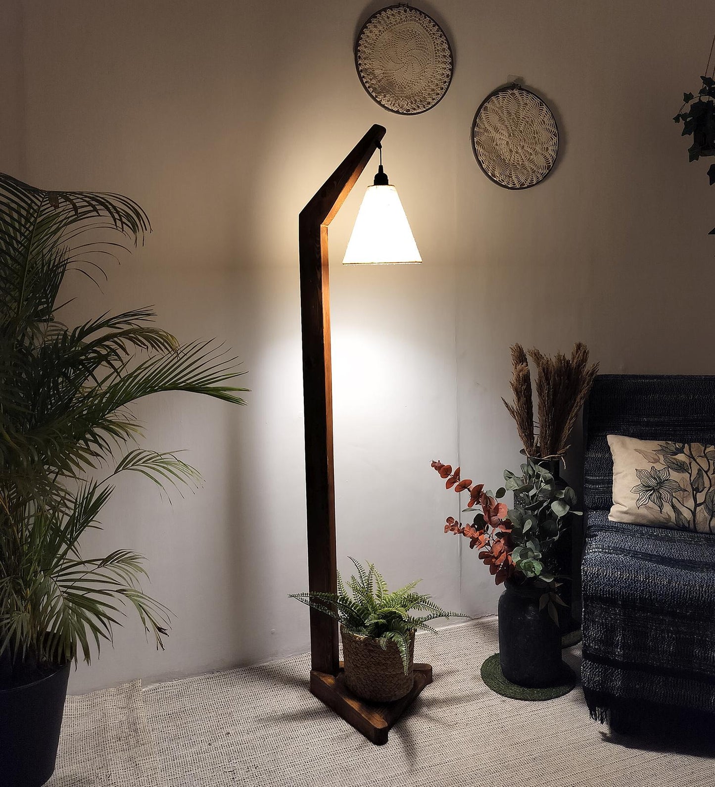 Thunder Wooden Floor Lamp with Brown Base and Jute Fabric Lampshade